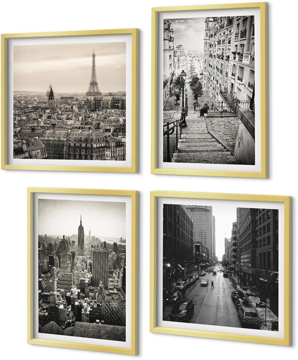 Coloray 4-Delige Schilderij Set - Stadsgezichten Parijs New York en charmante trappen - 40 x 40 cm en 40 x 60 cm - Decoratieve Schilderijen - Woonkamer - Interieur - Moderne Wanddecoratie