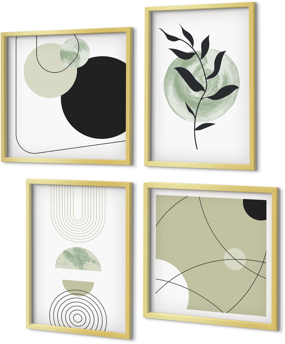 Coloray 4-Delige Schilderij Set - Abstracte vormen en plantmotieven in groen - 40 x 40 cm en 40 x 60 cm - Stijlvolle Muurdecoratie - Slaapkamer