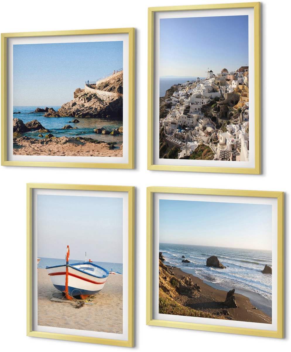 Coloray 4-Delige Schilderij Set - Uitzicht op zee met boten en witte huizen in Griekenland - 40 x 40 cm en 40 x 60 cm - Wanddecoratie - Schilderijen Set - Kantoor - Muurdecoratie