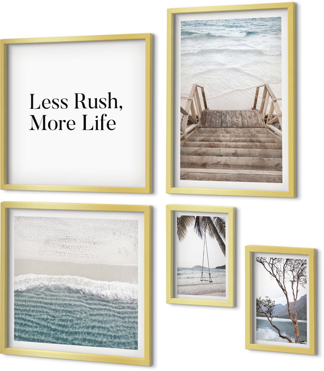 Coloray 5-Delige Schilderij Set - Rustige Stranden En Ontspannend Uitzicht Op Zee - 50 x 50 cm, 20 x 30 cm En 40 x 60 cm - Wanddecoratie - Schilderijen Set - Interieur - Woonkamer Decoratie