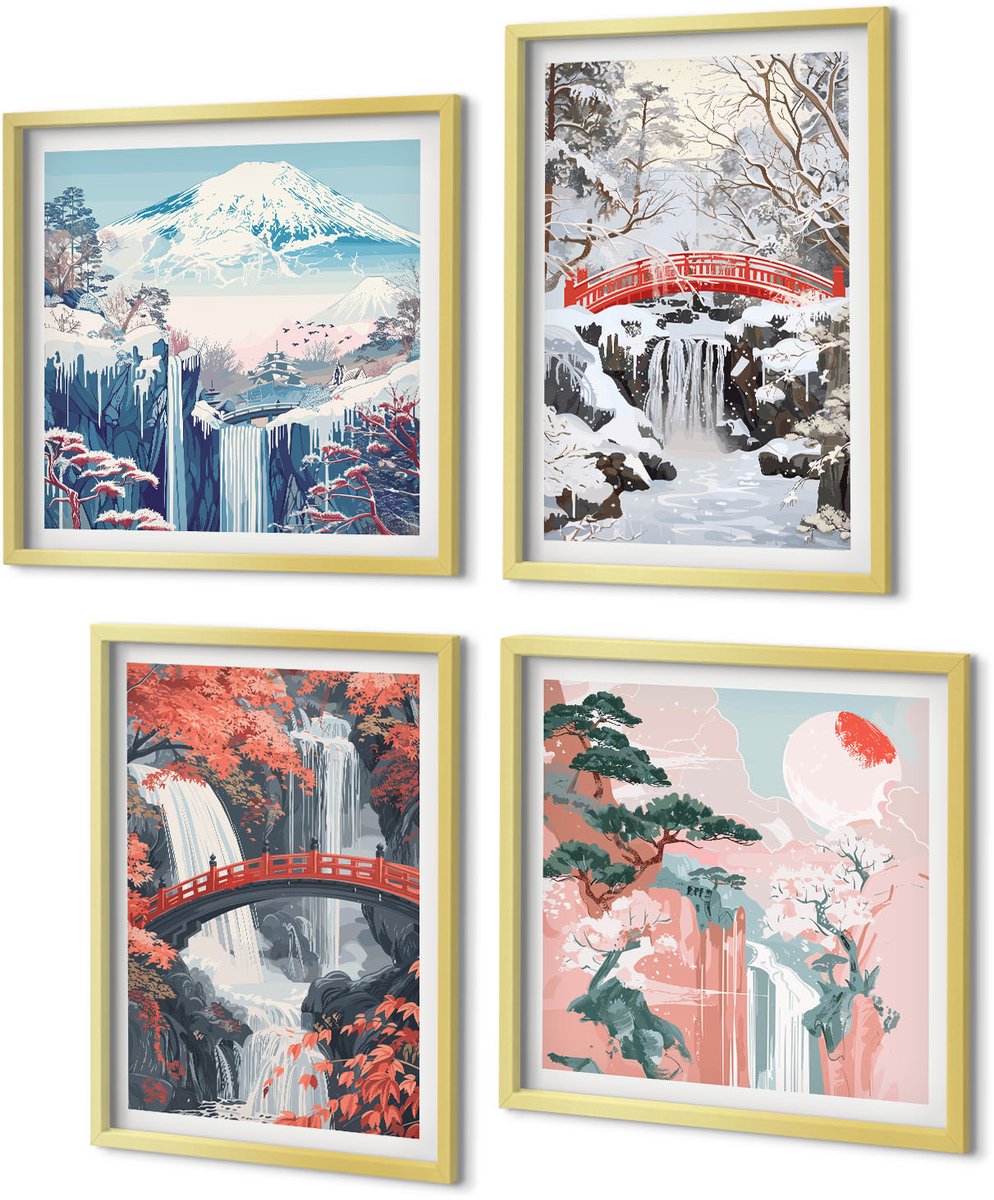 Coloray 4-Delige Schilderij Set - Berglandschappen en watervallen in verschillende seizoenen - 40 x 40 cm en 40 x 60 cm - Muurdecoratie - Wanddecoratie - Slaapkamer