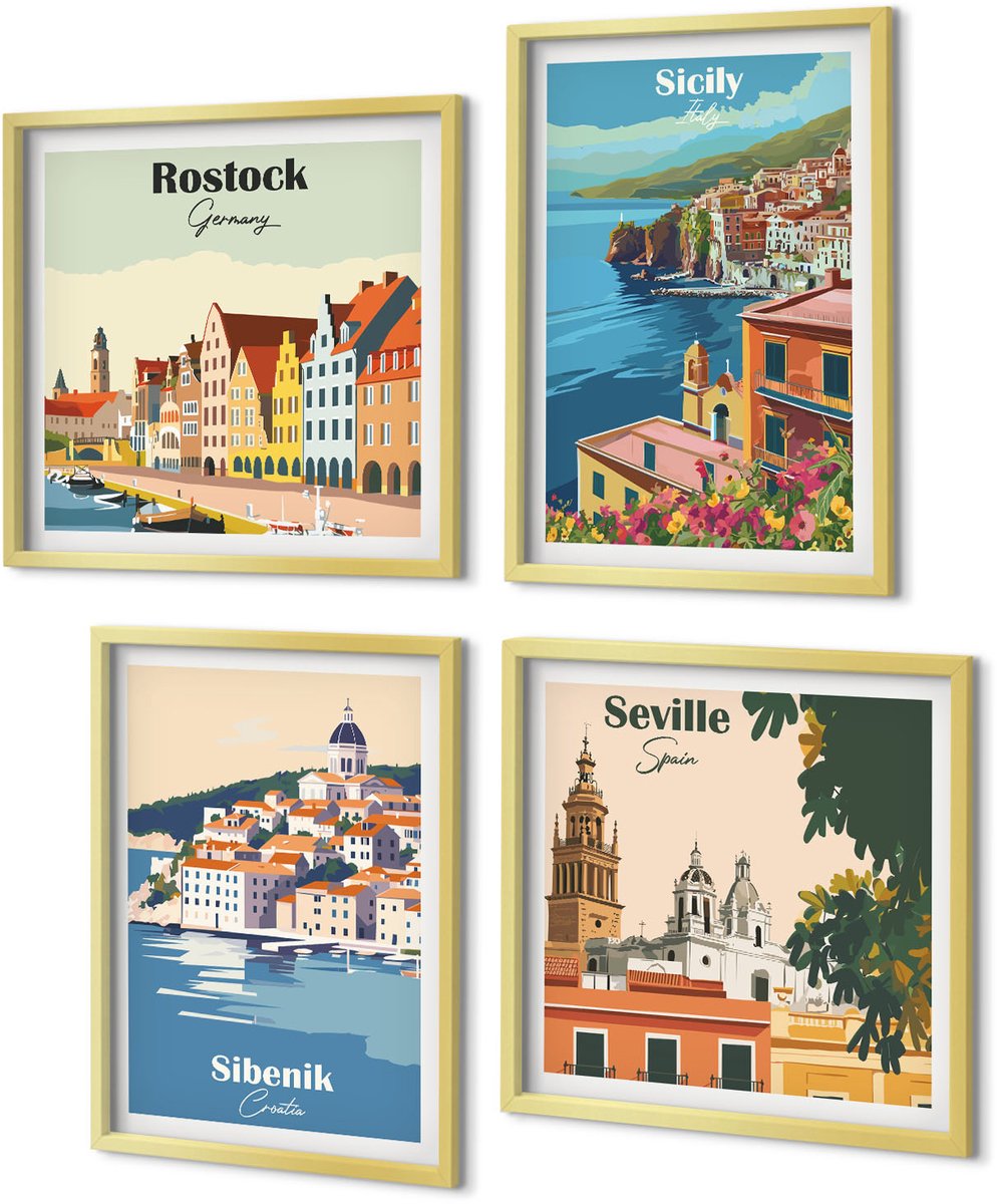 Coloray 4-Delige Schilderij Set - Europese stadsgezichten met kleurrijke gebouwen - 40 x 40 cm en 40 x 60 cm - Wanddecoratie - Muurdecoratie - Woonkamer - Stijlvolle Muurdecoratie