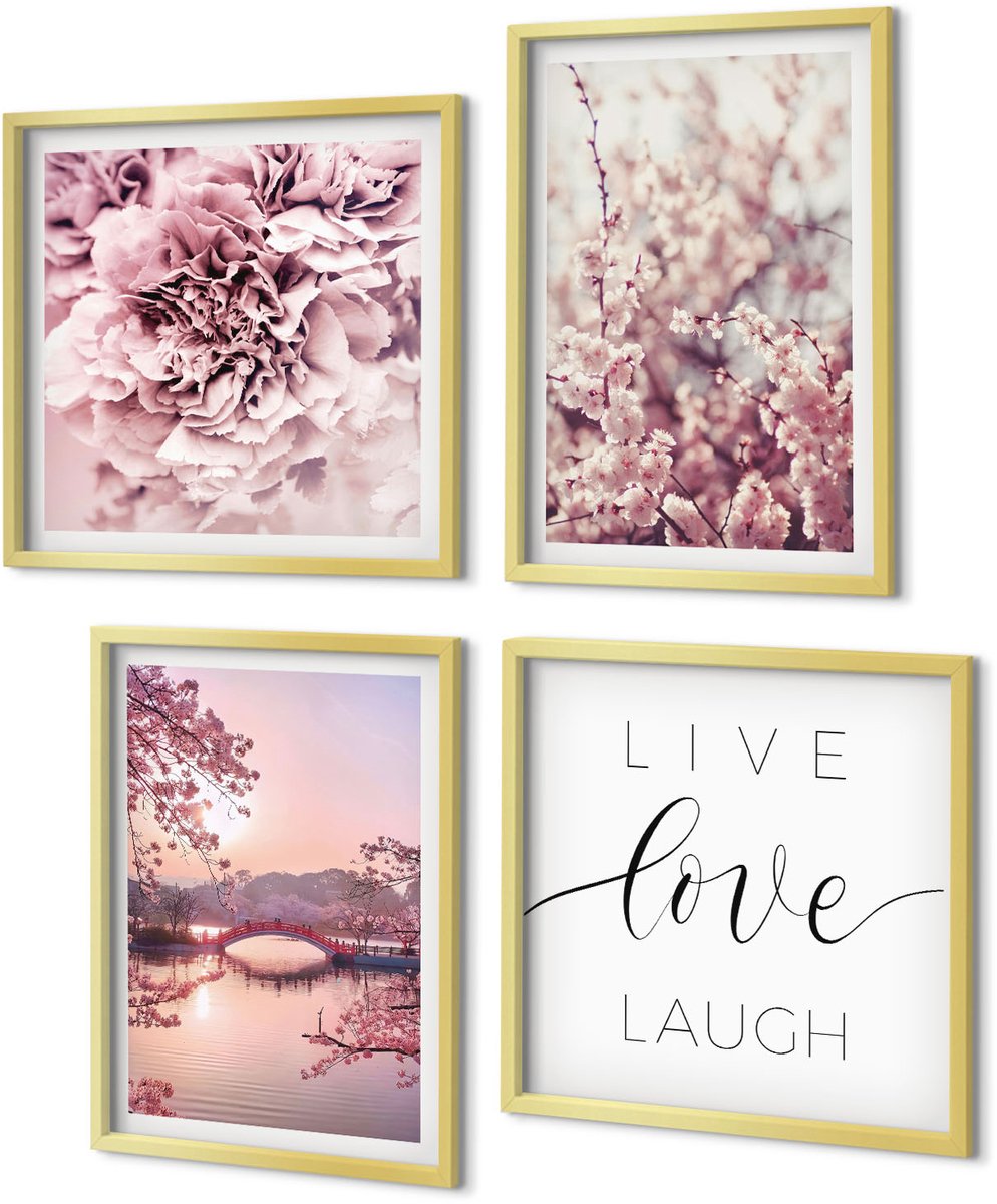 Coloray 4-Delige Schilderij Set - Bloemmotieven met een Levensbrug-inscriptie - 40 x 40 cm en 40 x 60 cm - Wanddecoratie - Moderne Interieurdecoratie - Woonkamer Decoratie