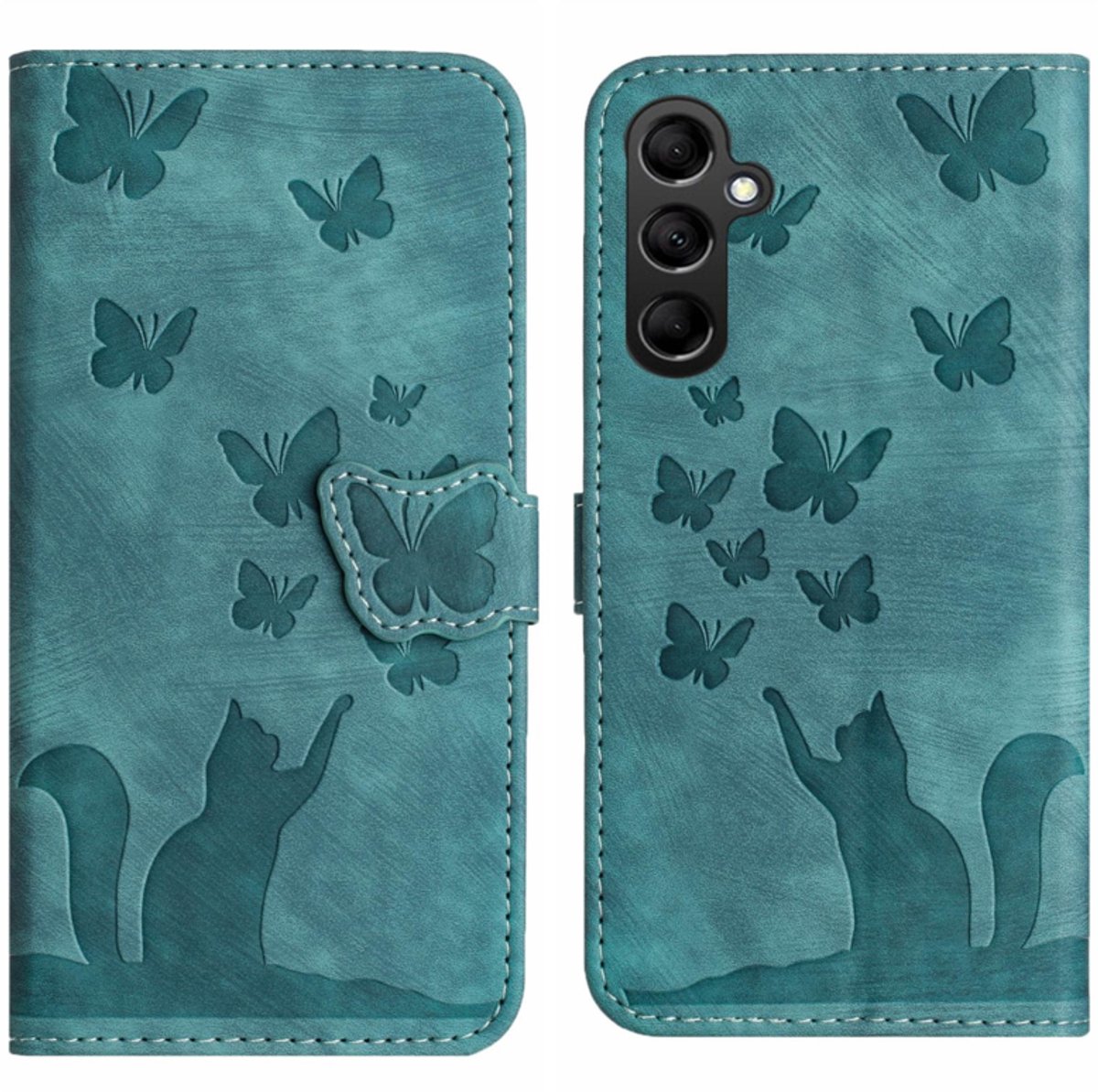 BookCover Hoes Etui geschikt voor Samsung Galaxy A27 - Vlinders en Kat - Groen - Reliëf
