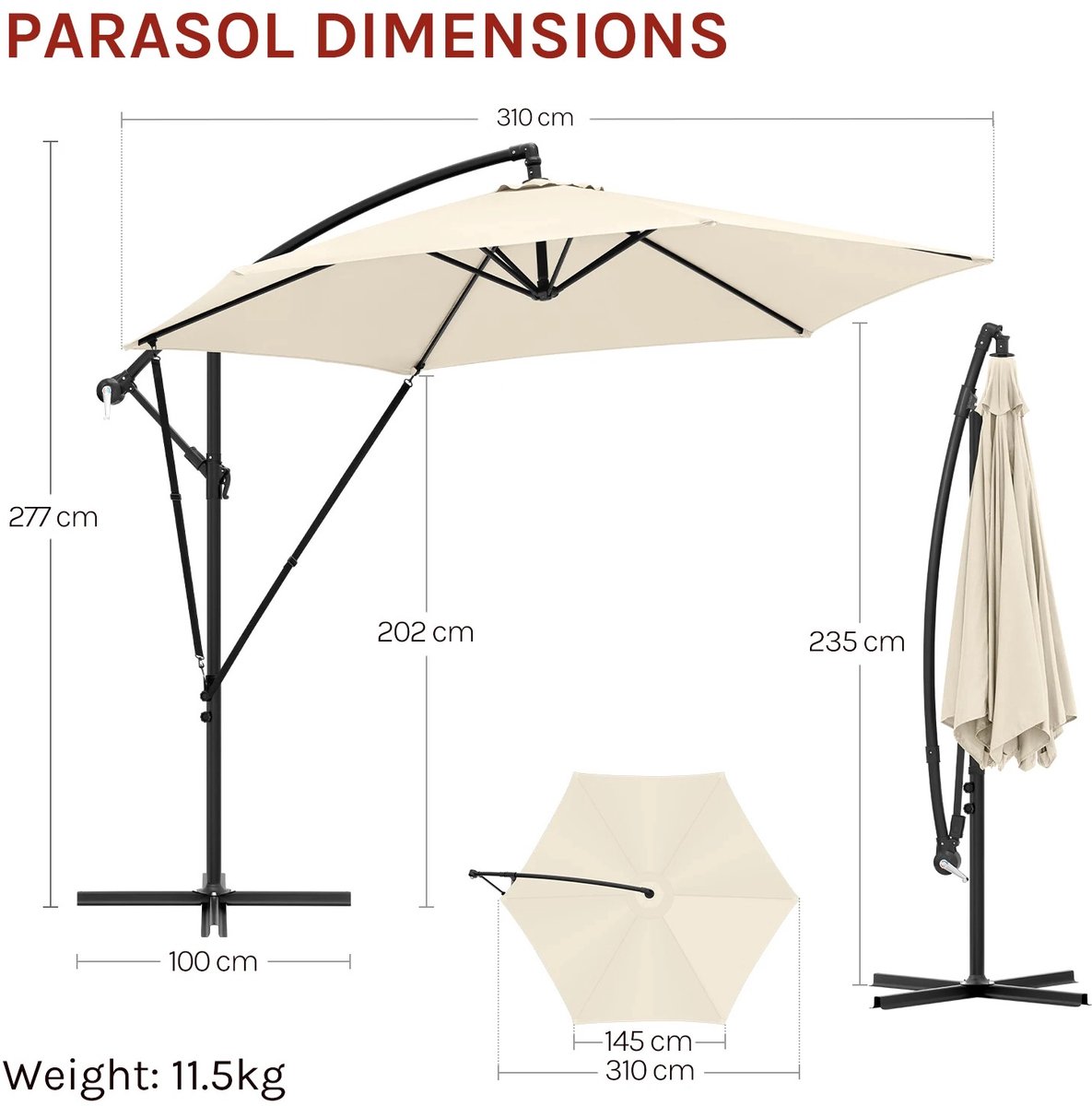 Parasol - Zweefparasol - Tuinparasol - Kantelbaar - 360° draaibaar - Waterafstotend - Versterkte kruisvoet - 300cm - Grijs – foto 3