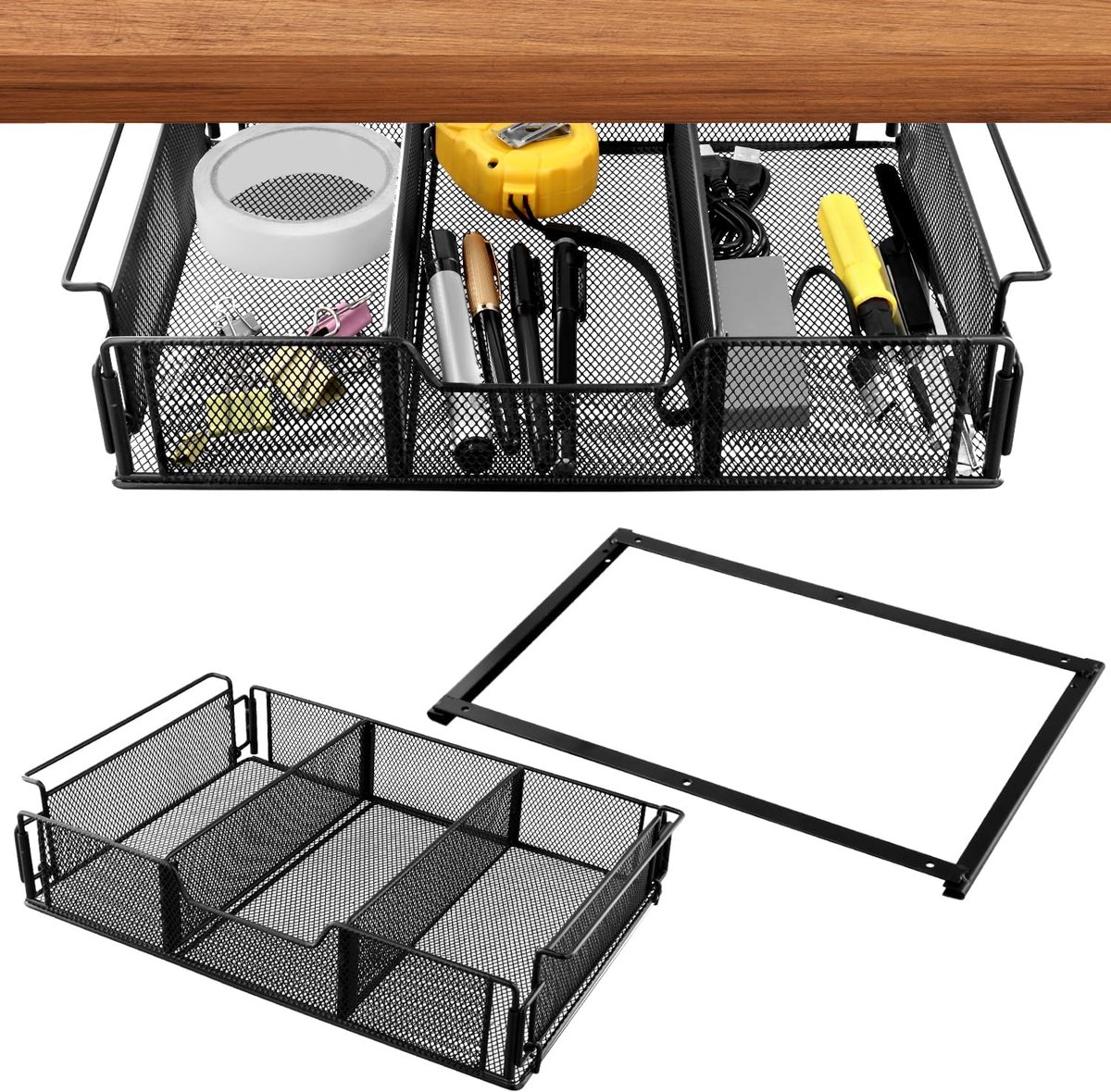 Opbergrek Voor Onder De Tafel Met Uitschuifbare Lade - Holle Gaasontwerp Stevig Stalen Frame Eenvoudige Schroefinstallatie - Verborgen Bureau-Organizer Voor Kantoor, Studeerkamer En Keuken - Zwart