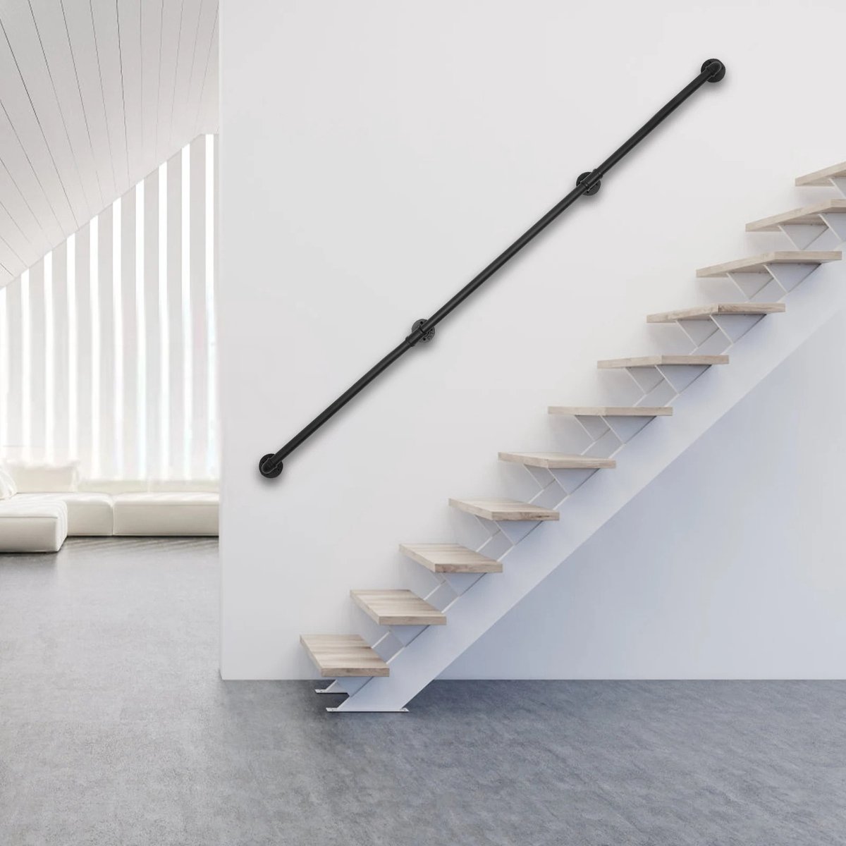 Velori Trapleuning 366 cm - Wandgemonteerde Leuning - Metalen Veiligheidsbeugel - Handgreep - Zwarte Leuning - Gegalvaniseerd IJzer - 3,66 m - 3 Secties