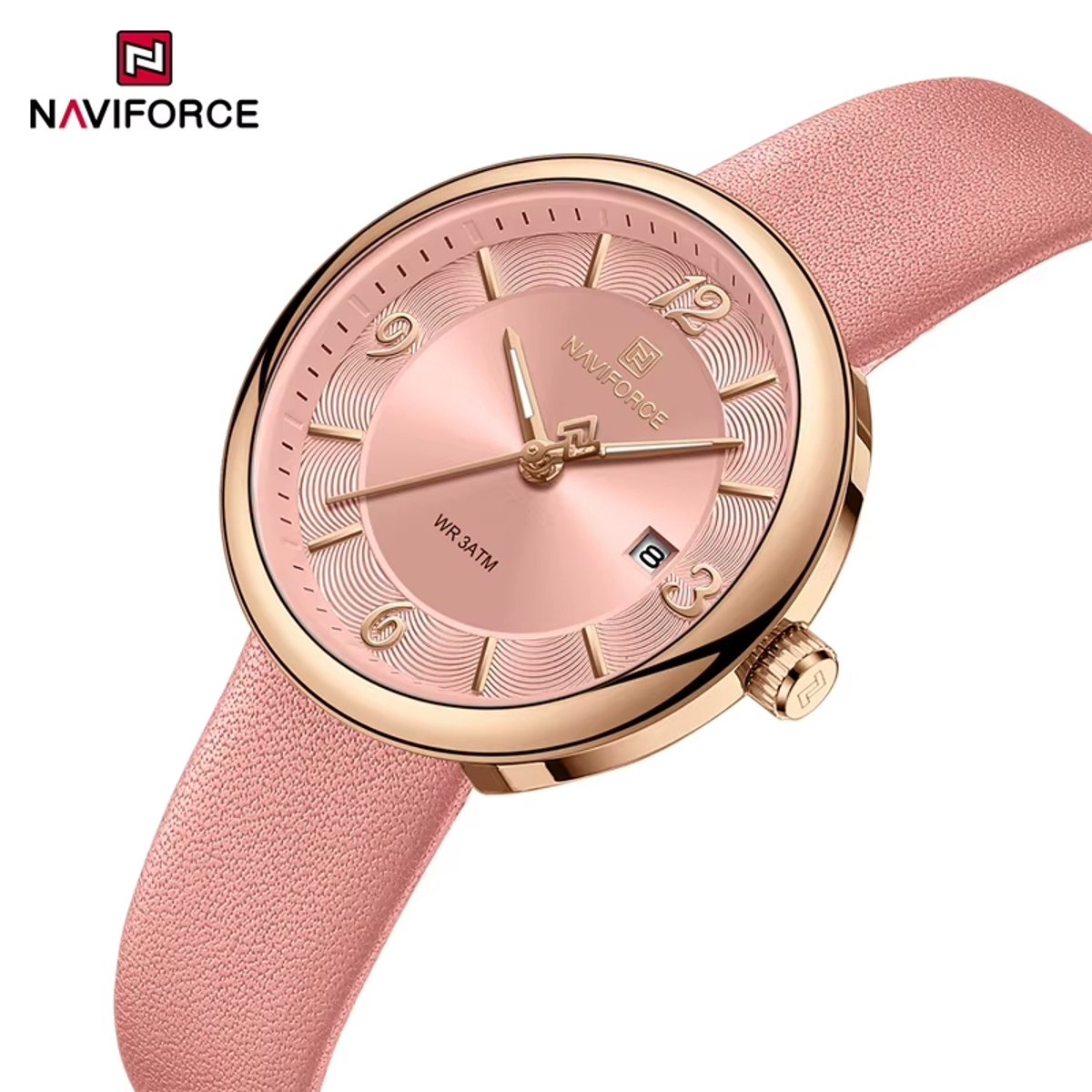 NAVIFORCE horloge met roze lederen polsband, roze wijzerplaat en gouden horlogekast voor dames met stijl ( model 5076 RGPP )