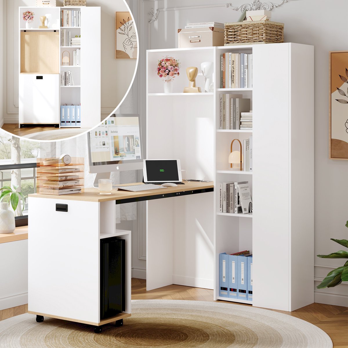 Bureau - met opbergruimte en USB- en stroomaansluitingen - wit eiken - afmetingen 104,5 x 30,5 x 160 cm - voor een praktische werkplek