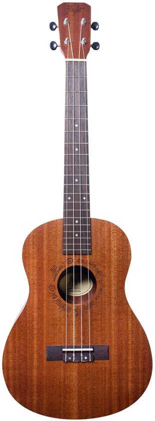 Bruine ukulele met een houten body, hals en toets. Zes snaren en een ronde klankgat.