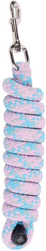 Lichtblauw halstertouw met roze en lichtblauwe spiraaltjes, met zilverkleurige karabijnhaak.