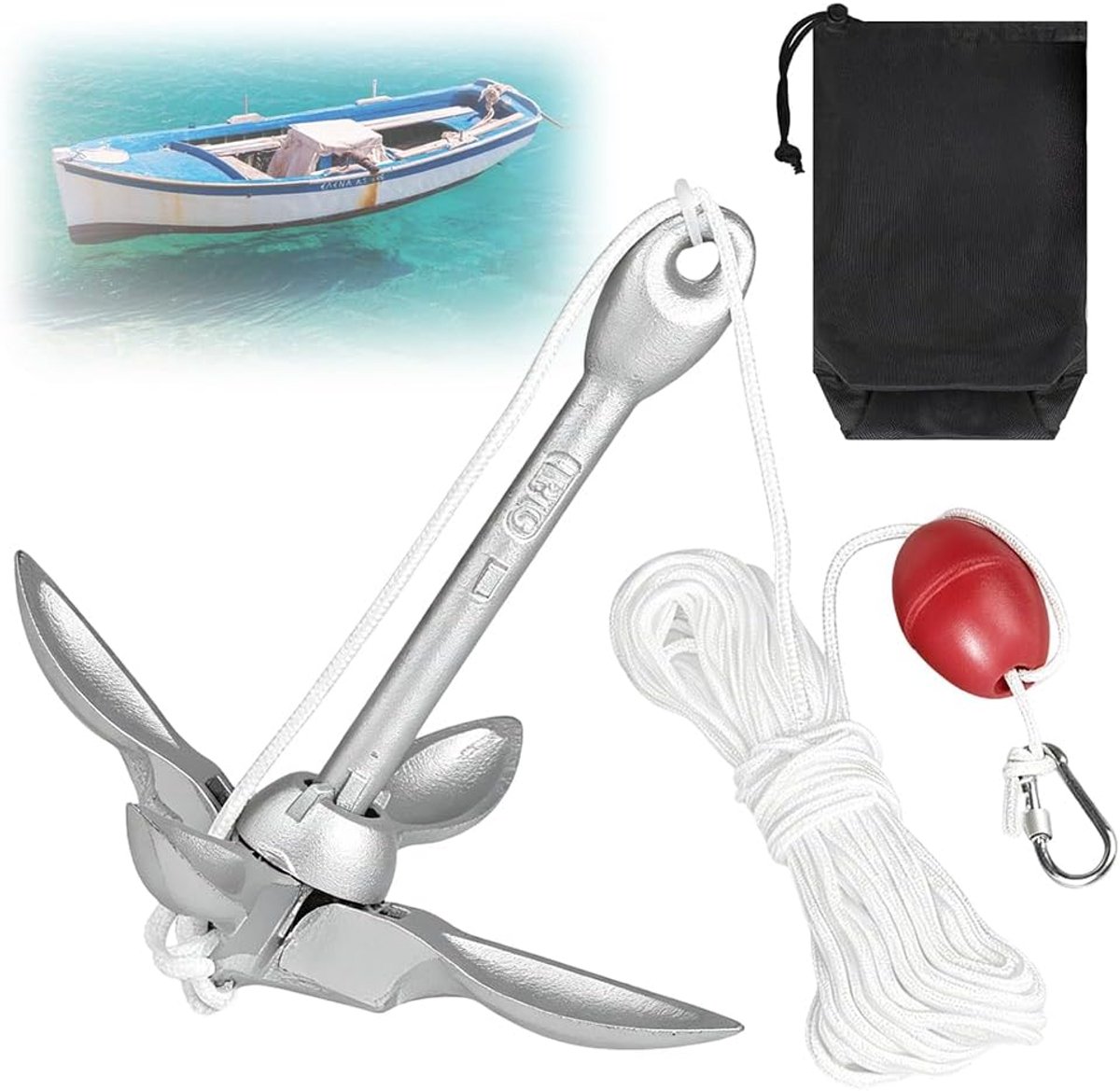 Ankerboot, bootaccessoires, 2 kg, klapanker inclusief Ø 6 mm 20 m ankerlijn, boeibal en opbergtas voor kajaks, kano's - ShopVlot
