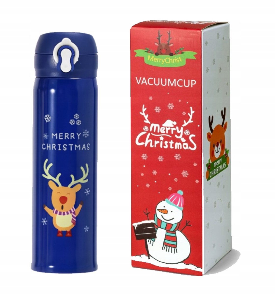 Kerst Thermosbeker 500ml Blauw Rendier - Perfect Cadeau