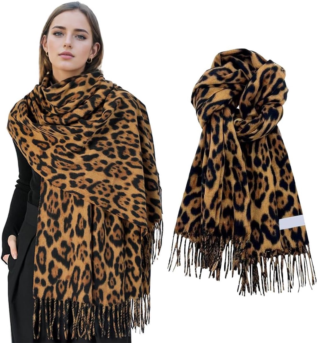 Luipaardsjaal 35 x 195 cm, franjedesign, zacht en comfortabel, luipaardsjaal voor dames, gespikkeld - ShopVlot