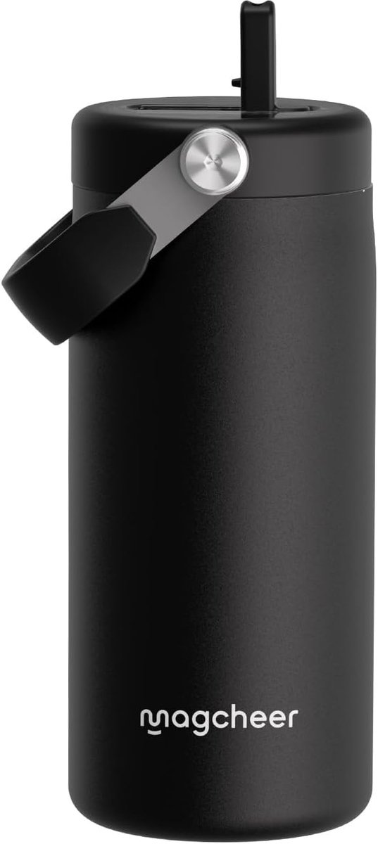 magcheer Drinkfles van roestvrij staal met rietje en handvat, 473 ml, thermosfles met keramische coating, lekvrij en - ShopVlot