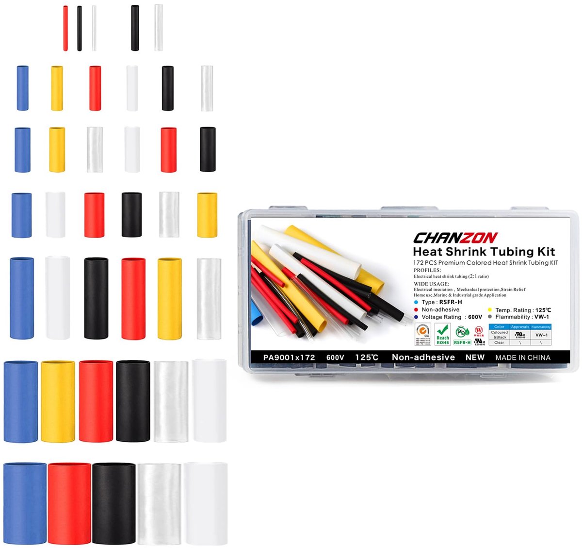 Chanzon 2:1 ratio 40 values 172pcs Heat Shrink Tubing Assorted Kit (1mm-20mm diam 30mm-80mm length) Multi Color Black - ShopVlot