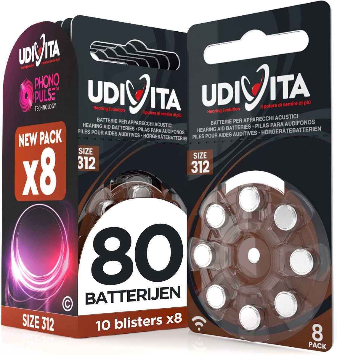 80 Hearing Aid Batteries Udivita Size 312 PR41 (Brown) Sound Fusion Technology - 10 Blisters with 8 Batteries - ShopVlot