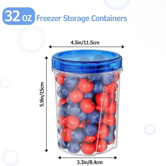 Un contenant de stockage pour congélateur de 32 oz rempli de baies rouges et de myrtilles. Dimensions : 11,5 cm de large, 15 cm de haut, 8,4 cm de profondeur.