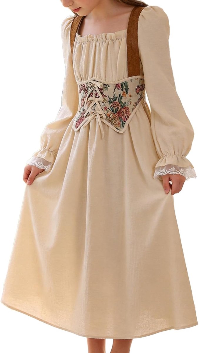 Girls' dress with square neck and retro lace up with long - ShopVlot