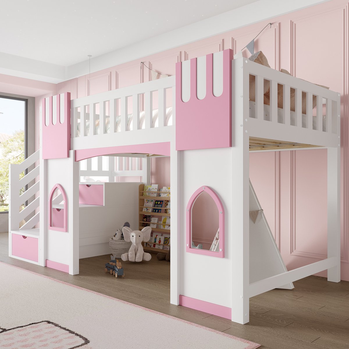 Hoogslaper - 90 x 200 cm - 1-persoons - met opbergruimte - met glijbaan - met trap - Wit en Roze