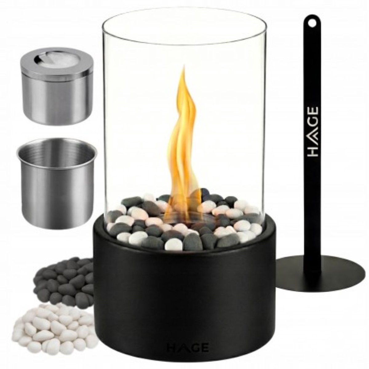Hage - Bio-Ethanol Tafelhaard - Rookvrije Biohaard - Vrijstaand – Voor Binnen & Buiten - Terras, Balkon & Tuin - Borosilicaatglas - Staal - 27 x 16.5 cm - Zwart