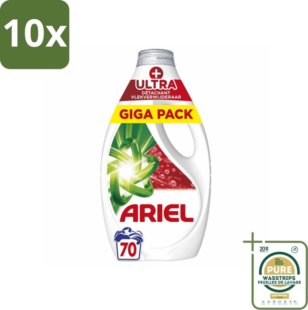 10 x Ariel - Vloeibaar Wasmiddel - +Ultra Vlekverwijderaar - 70 Wasbeurten - 3150 ml - Grootverpakking - Vlekverwijderaar - Vloeibaar Wasmiddel - Hardnekkige Vlekken - Ingedroogde Vlekken - Koude Was