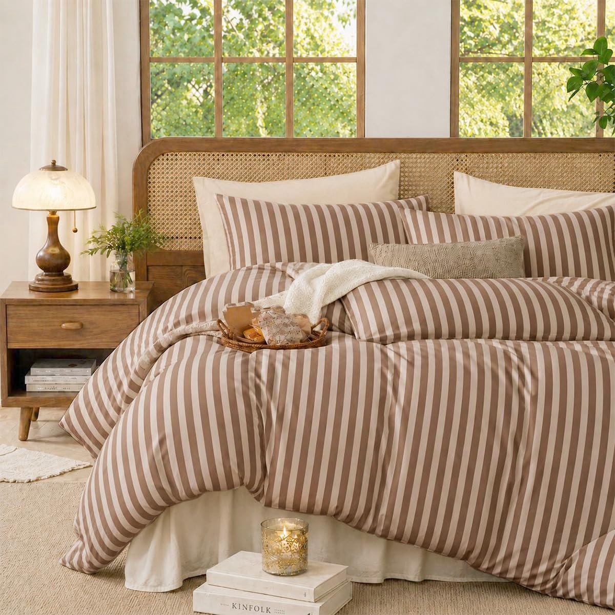 Beddengoed 135 x 200 cm - bruin gestreept - microvezel - zacht dekbedovertrek met ritssluiting - ShopVlot