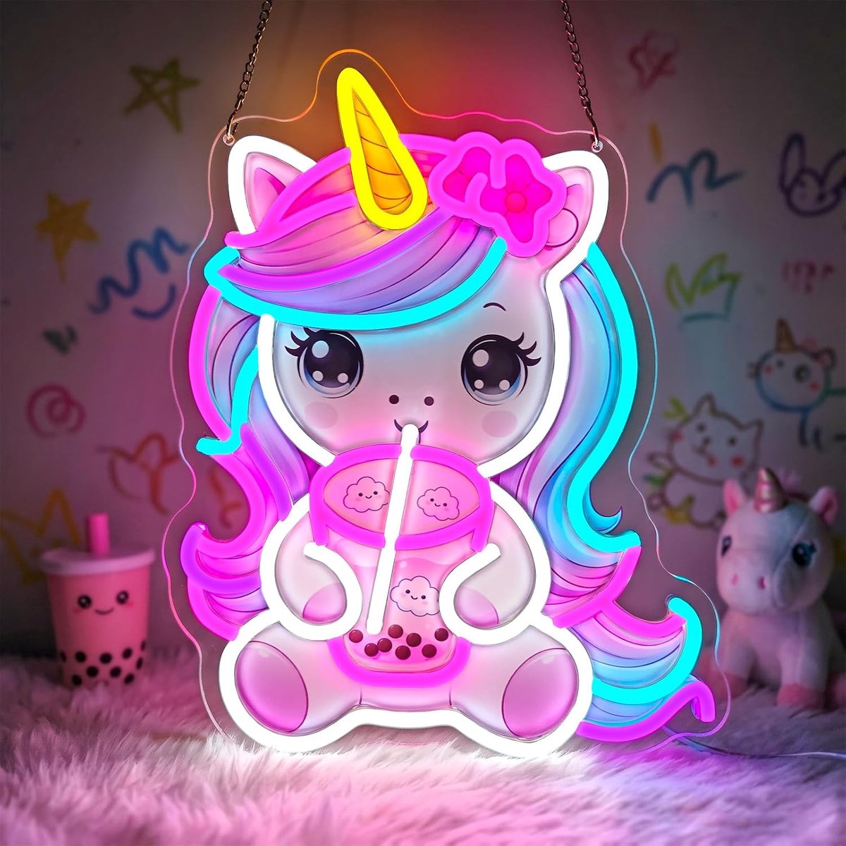 Neonbord Eenhoorn Bubble Tea - LED lichtreclame - Schattige wanddecoratie - Ideaal voor cafés en dessertwinkels - ShopVlot