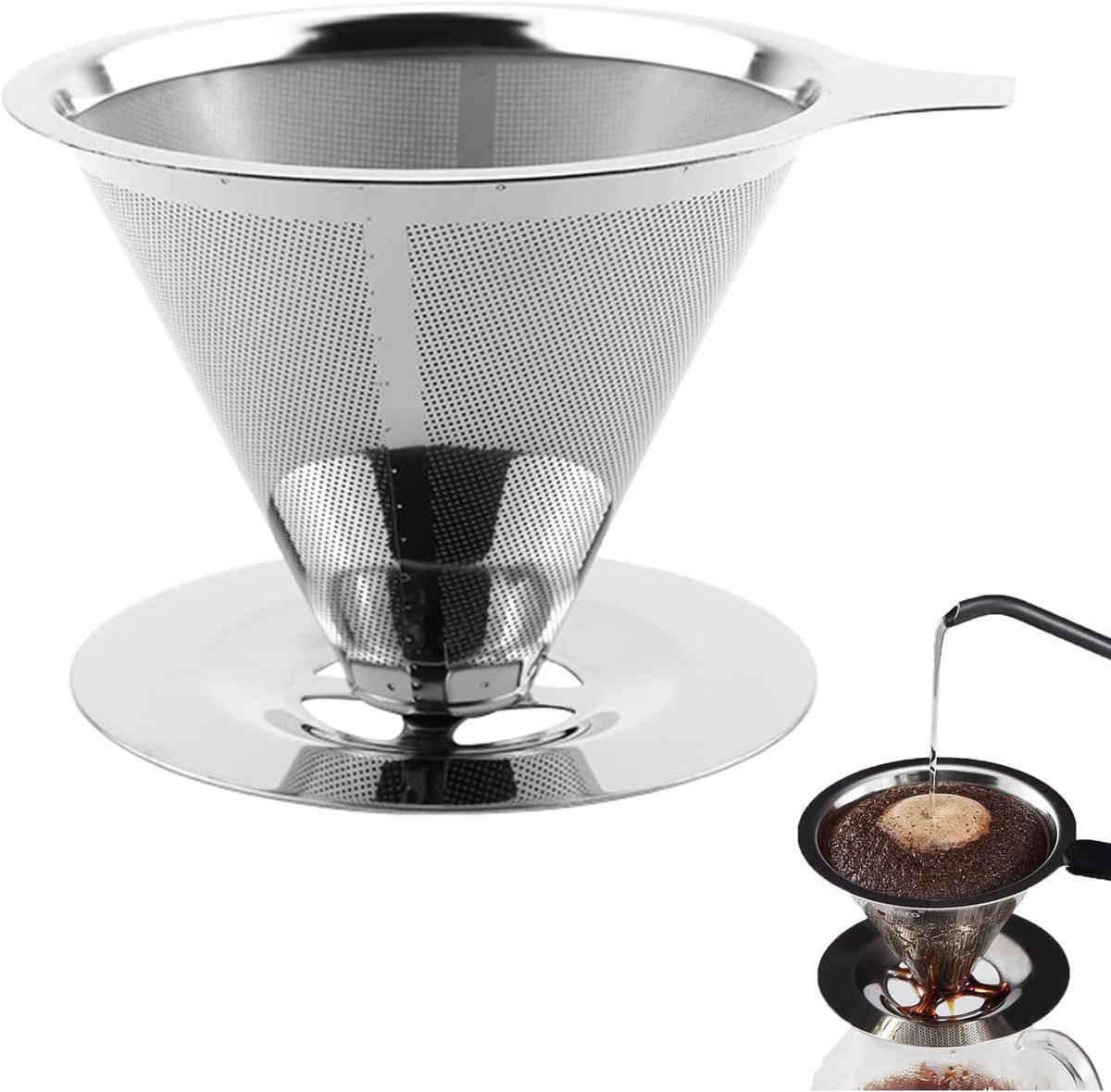 Hervulbaar Koffiefilter van Roestvrij Staal - Papierloos Pour Over Dripper voor 1-4 Kopjes - Duurzaam Metaal Filter voor Handmatige Koffiezetapparaten