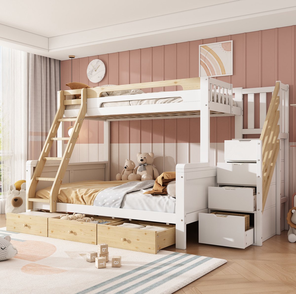 FloraGrace Stapelbed 90x200/140x200 cm - Kinderbed met Opbergtreden en Ladder - 3 Lades - Hout en MDF - Wit en Naturel - Zonder Matras