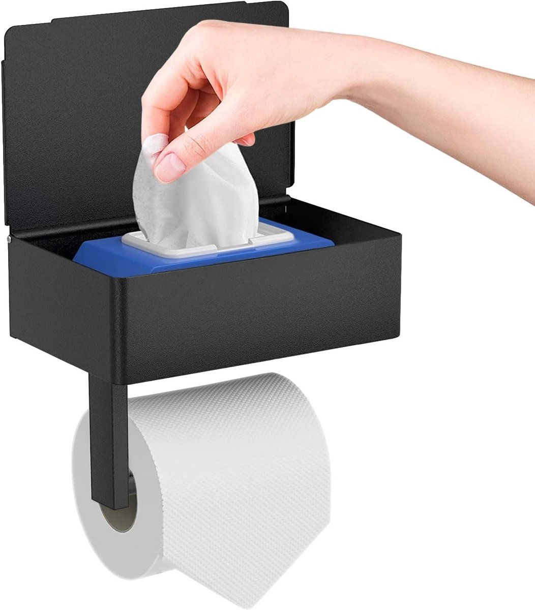 Toiletpapierhouder Roestvrij Staal - WC Rolhouder met Doekjesbox Zelfklevend - Wandmontage Papierhouder zonder Boren voor Badkamer en Keuken - Zwart