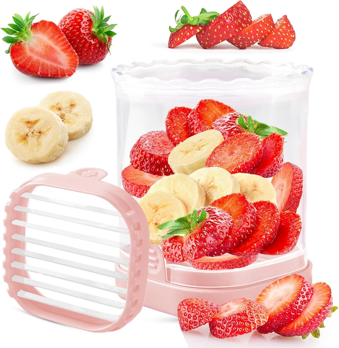 Aardbeiensnijder - met afneembare plaat - voor gelijkmatige plakjes - voor fruit en garnering - keukengereedschap - voor thuiskeukens - roze - 1 stuk