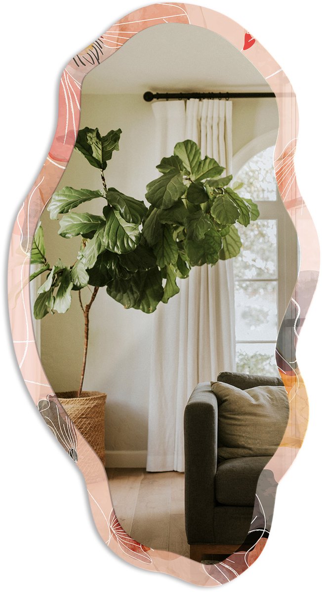 Tulup Plantaardige Elegantie Spiegel - Roze Rechthoekige Spiegel Met Modern Design - Organische Spiegel - Slaapkamer, Woonkamer, Kantoor - Aquarel - 45x90 cm - Totale afmeting 52x97 cm