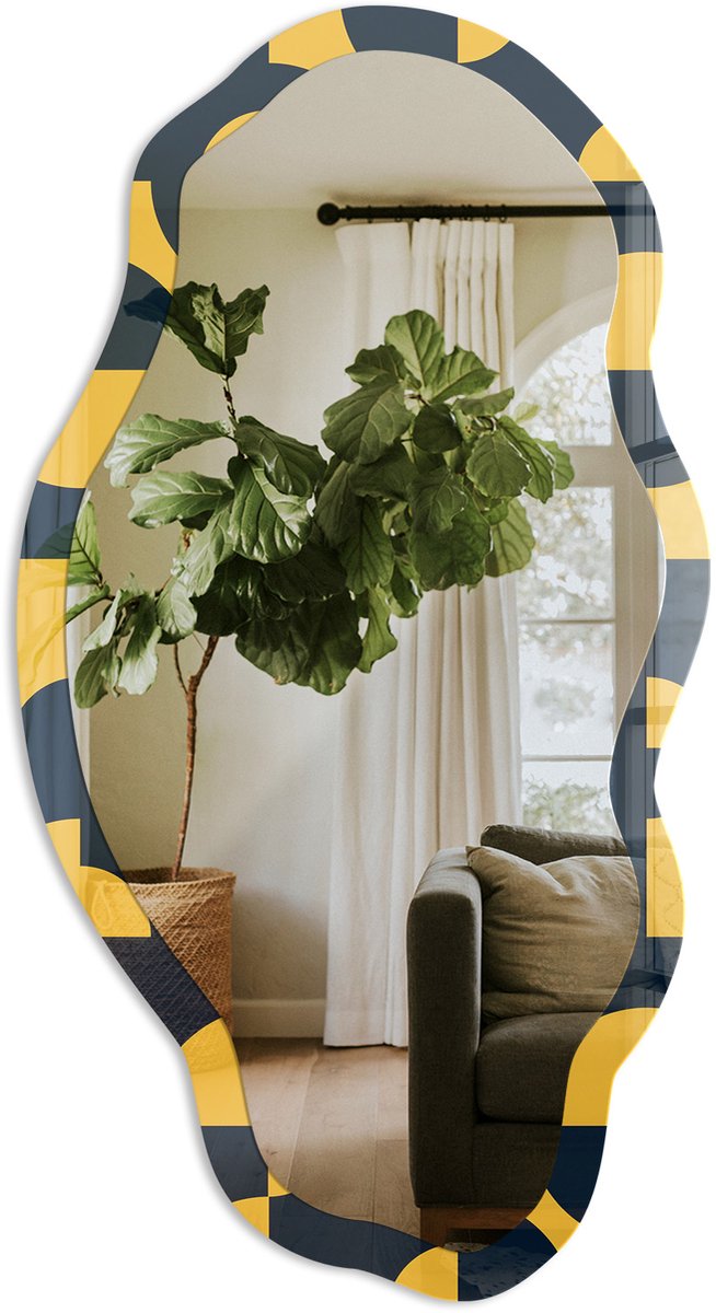 Tulup Geometrisch Patroon Spiegel - Geel Rechthoekige Spiegel Voor Interieur - Organische Spiegel - Kantoor, Woonkamer, Hal - Geometrisch - 45x90 cm - Totale afmeting 52x97 cm