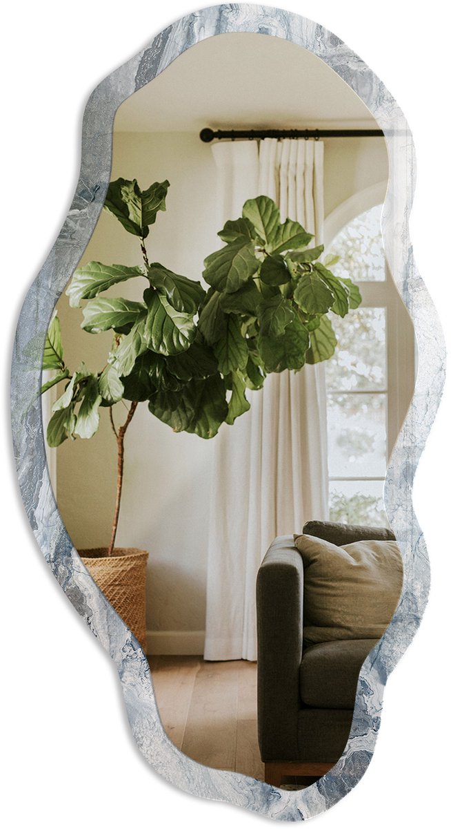 TULUP Marmerpatroon Spiegel - Grijs Rechthoekige Spiegel Met Modern Design - Organische Spiegel - Badkamer, Woonkamer, Kantoor - Modern - 45x90 cm - Totale afmeting 52x97 cm Marmerpatroon, Grijs