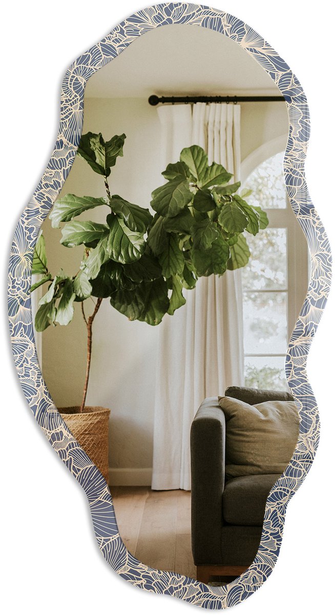 TULUP Bloemenornament Spiegel - Blauw Moderne Rechthoekige Wandspiegel - Organische Spiegel - Slaapkamer, Woonkamer, Kantoor - Modern - 45x90 cm - Totale afmeting 52x97 cm Bloemenornament, Blauw