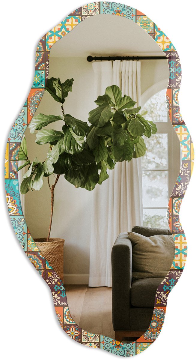 TULUP Kleurrijk Mozaïek Spiegel - Turkoois Rechthoekige Spiegel Voor Interieur - Organische Spiegel - Keuken, Woonkamer, Hal - Boho - 45x90 cm - Totale afmeting 52x97 cm Kleurrijk Mozaïek, Turquoise