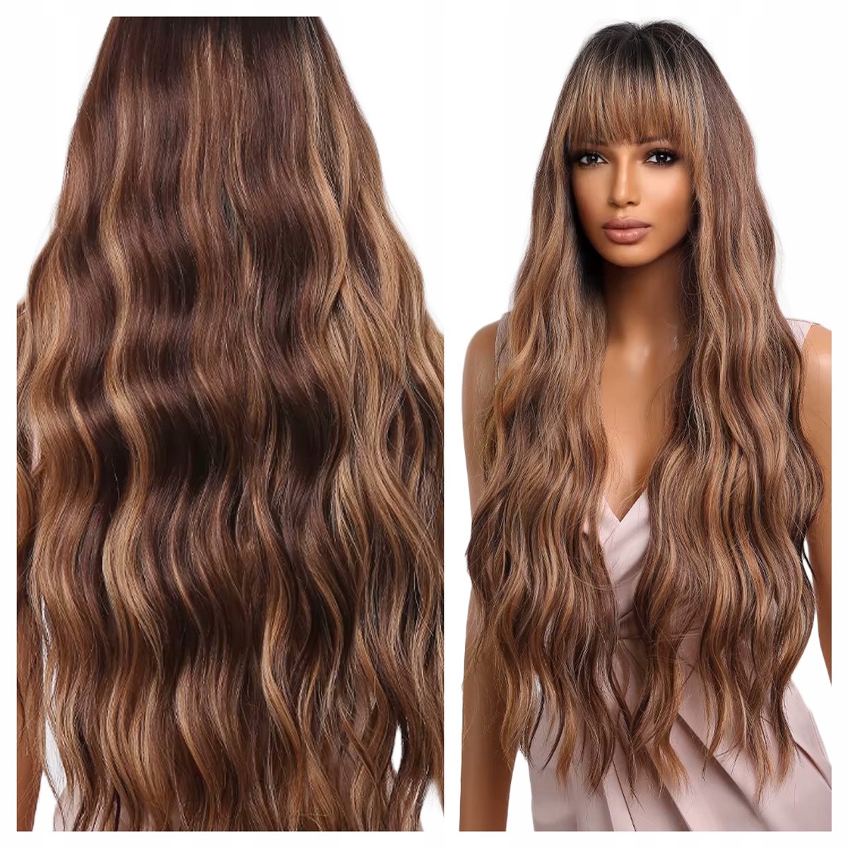 Lange bruine pruik met highlights en pony, golvend, natuurlijke look