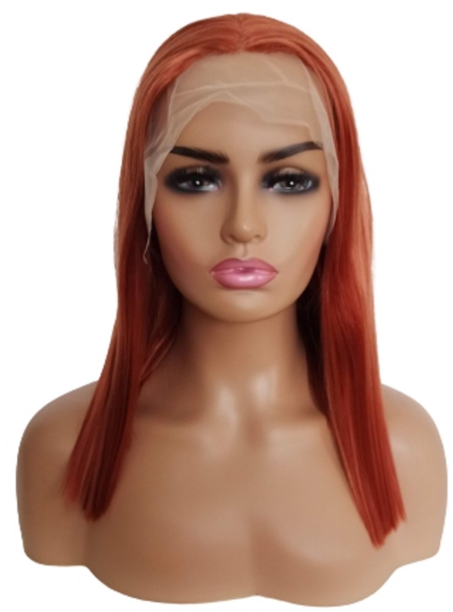 Lace Front Pruik Koperrood 40cm - Natuurlijke Look + Gratis Haarkapje