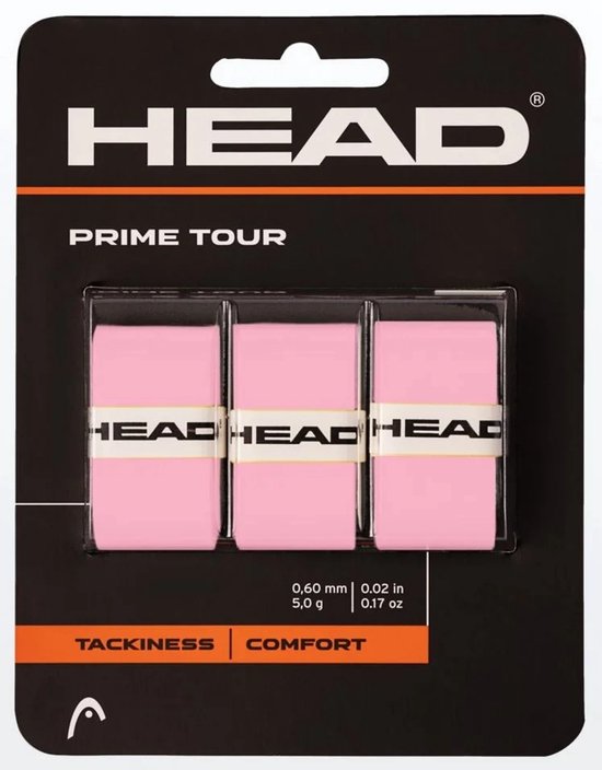 Verpakking met drie roze Head Prime Tour overgrips. Elke grip is omwikkeld met een wit bandje met het Head-logo.