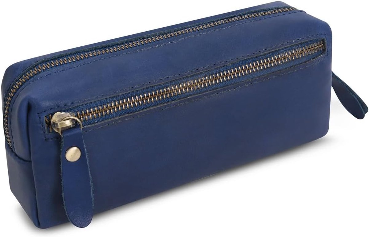 WONDERPOOL Pen Case Genuine Leather Pencil Pouch Markers Holder Large Capacity Bag with Side Zipper Pocket Sleeve for - ShopVlot