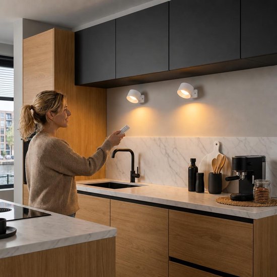 Moderne witte wandlamp met draadloze afstandsbediening in een strakke, houten keuken.