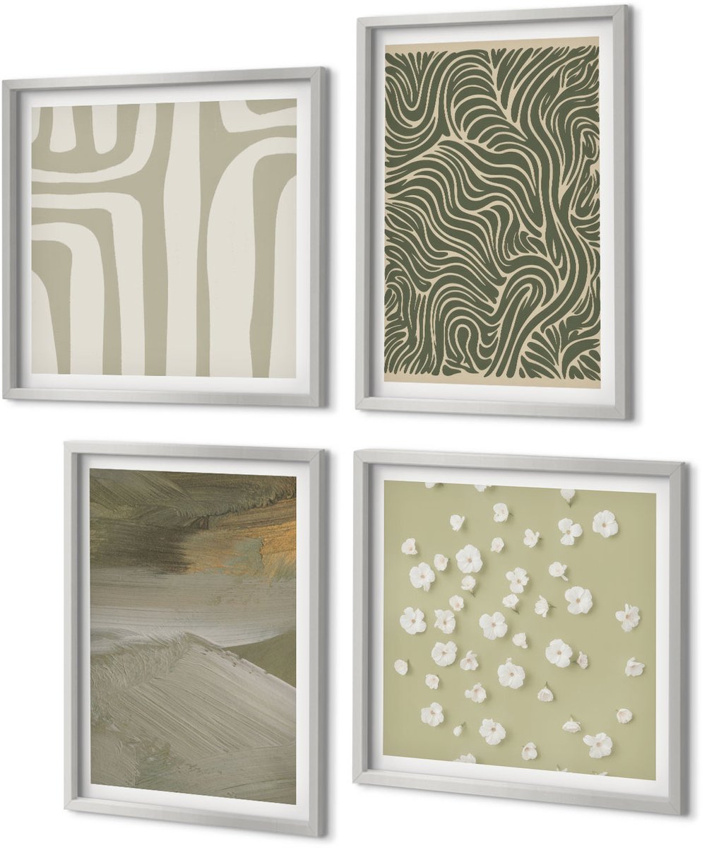 Coloray 4-Delige Schilderij Set - Golvende en abstracte patronen met boho-bloemen - 40 x 40 cm en 40 x 60 cm - Stijlvolle Muurdecoratie - Slaapkamer - Wanddecoratie