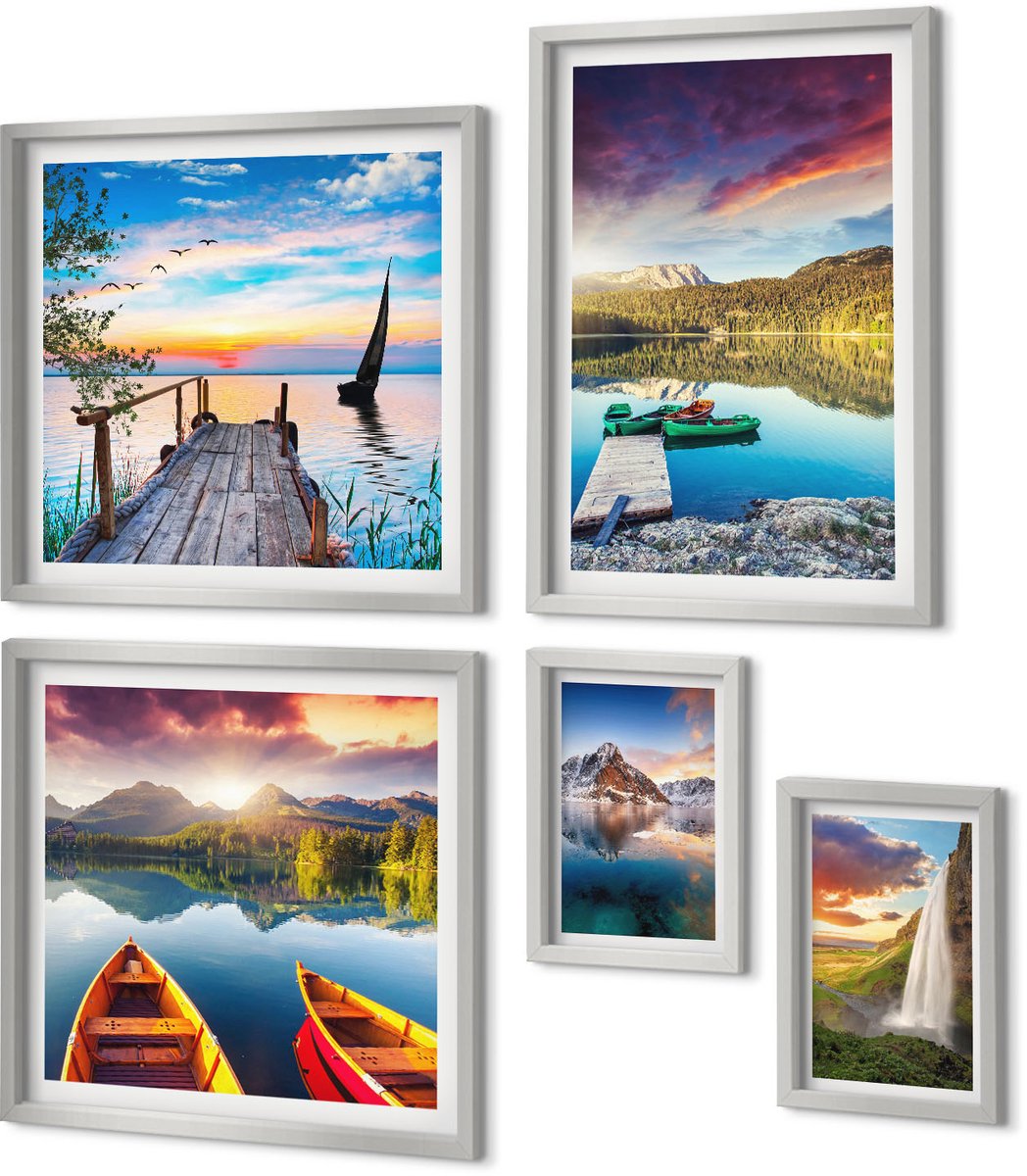 Coloray 5-Delige Schilderij Set - Rustige Meren Met Berglandschap En Boot - 20 x 30 cm - Muurdecoratie - Wanddecoratie - Hal - Woonkamer Decoratie