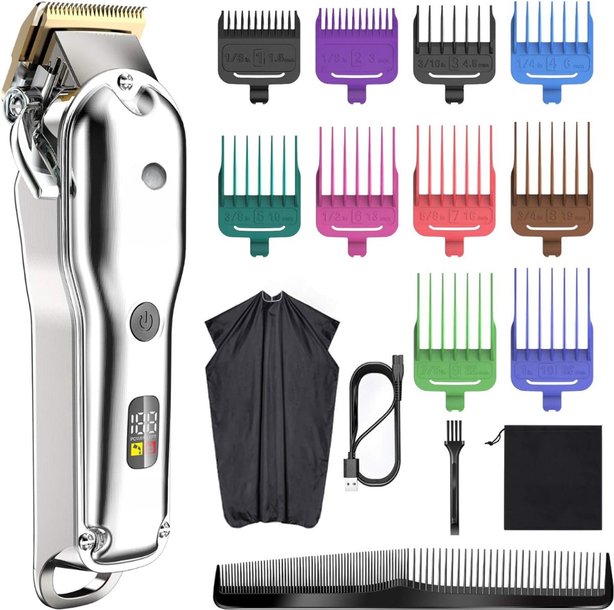 QUOVO® Tondeuse Mannen Hoofdhaar – Haartondeuse – Draadloze Baardtrimmer – Baard Trimmer- Trimapparaat Met Meerdere Opzetstukken – Kapperset Met Kappersmantel – Hair Clipper Waterdicht - Zilver - 25cm x 17cm x 7cm