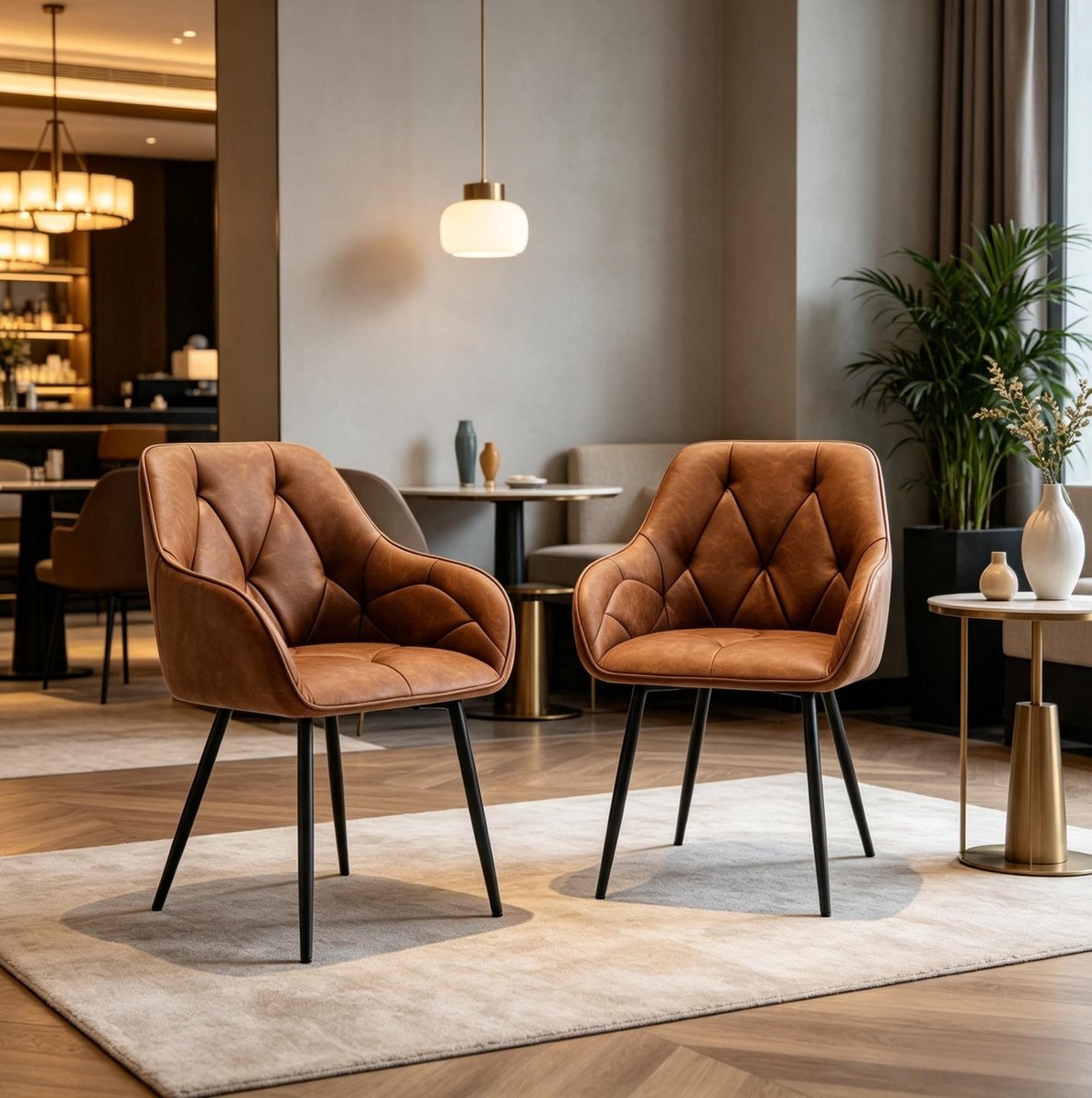 FloraGrace Eetkamerstoel Set Van 2 - Met Armleuningen, Ergonomische Rugleuning En Gestikt Patroon - Voor Eetkamer En Woonkamer - Kunstleer - Bruin
