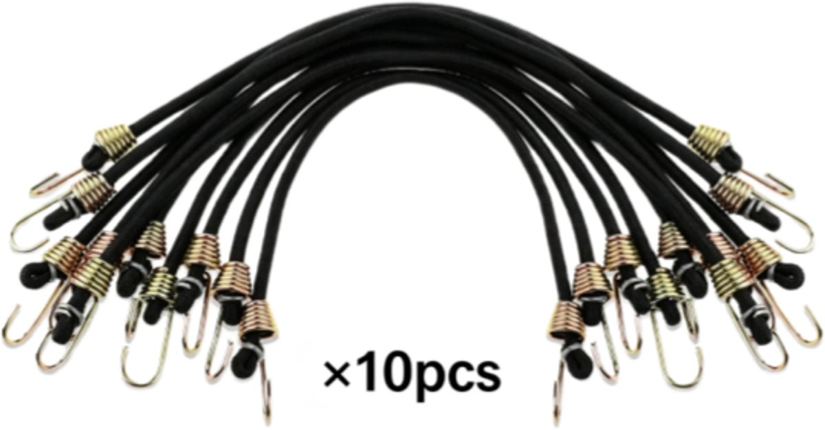 Elastisch touw - 10 stuks - Elastisch touw - Bindtouw - Met haak - Rubber - Geschikt voor kamperen in de buitenlucht - 25,4 cm lang - Zwart