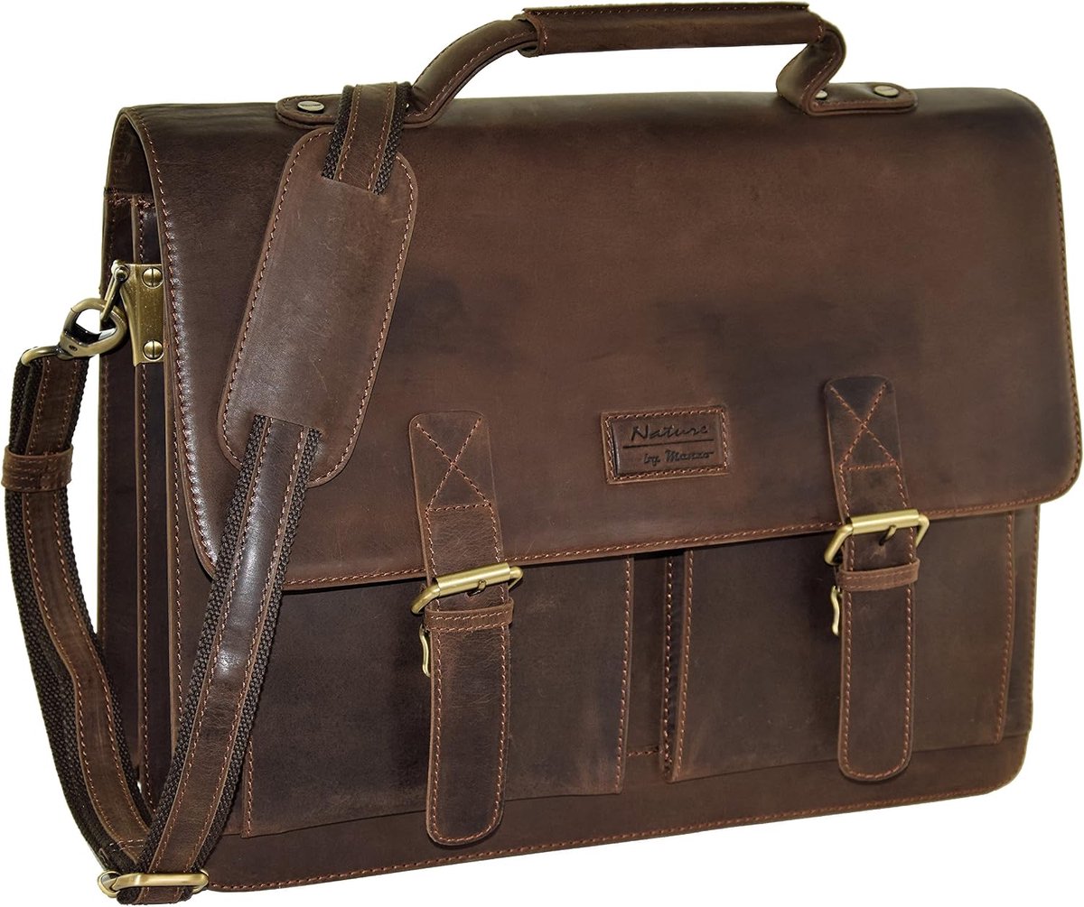 Menzo Genuine Leather Briefcase, 15 Inch Shoulder Bag for Men and Women, Purse, Brown (Marrone) - ShopVlot