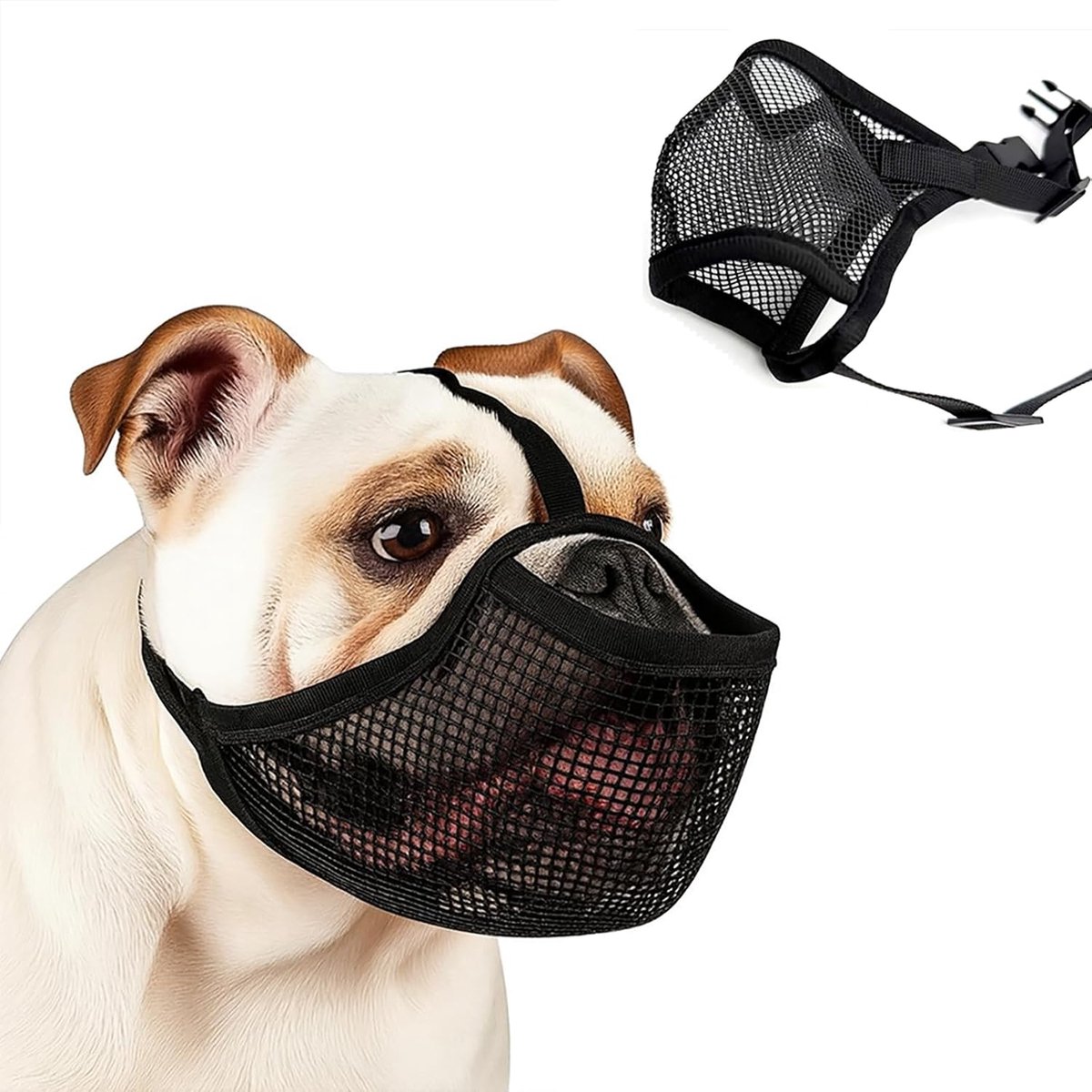 Muilkorf van Franse bulldog, zachte mesh korte snuit muilkorf met mondopening en vergrote ooggaten, maakt hijgen - ShopVlot