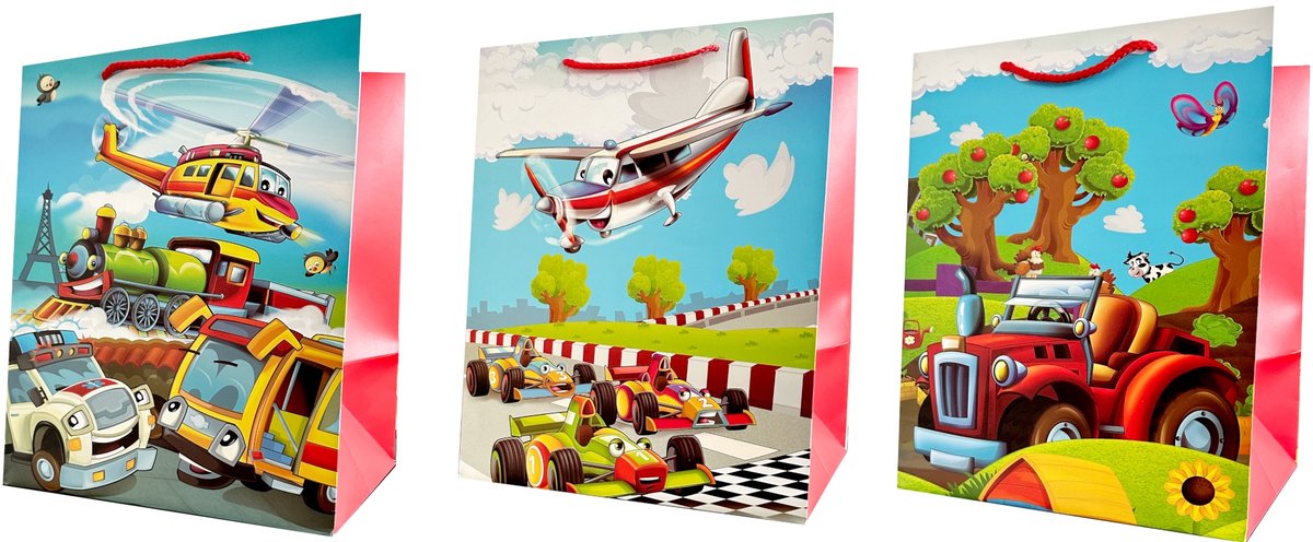 Papieren Cadeautas 26x32x20cm met Brede Bodem - Voertuigen